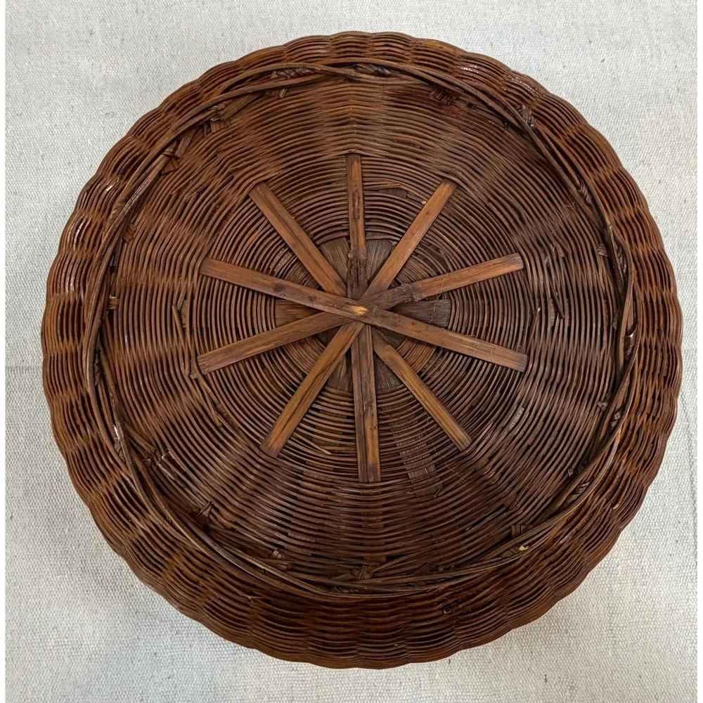 Vintage Round Wicker Basket with Lid Dark Brown Woven Storage Bowl 10x3.5 Rustic